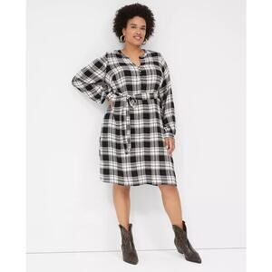 Lane Bryant Crinkle Popover Short Dress 16‎ Women Black White Plaid Classic NWT